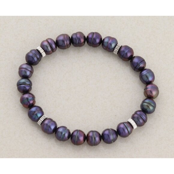14k White Gold Bead and Freshwater Black Peacock Pearl Strech Bracelet 6 1/2" - Picture 1 of 7